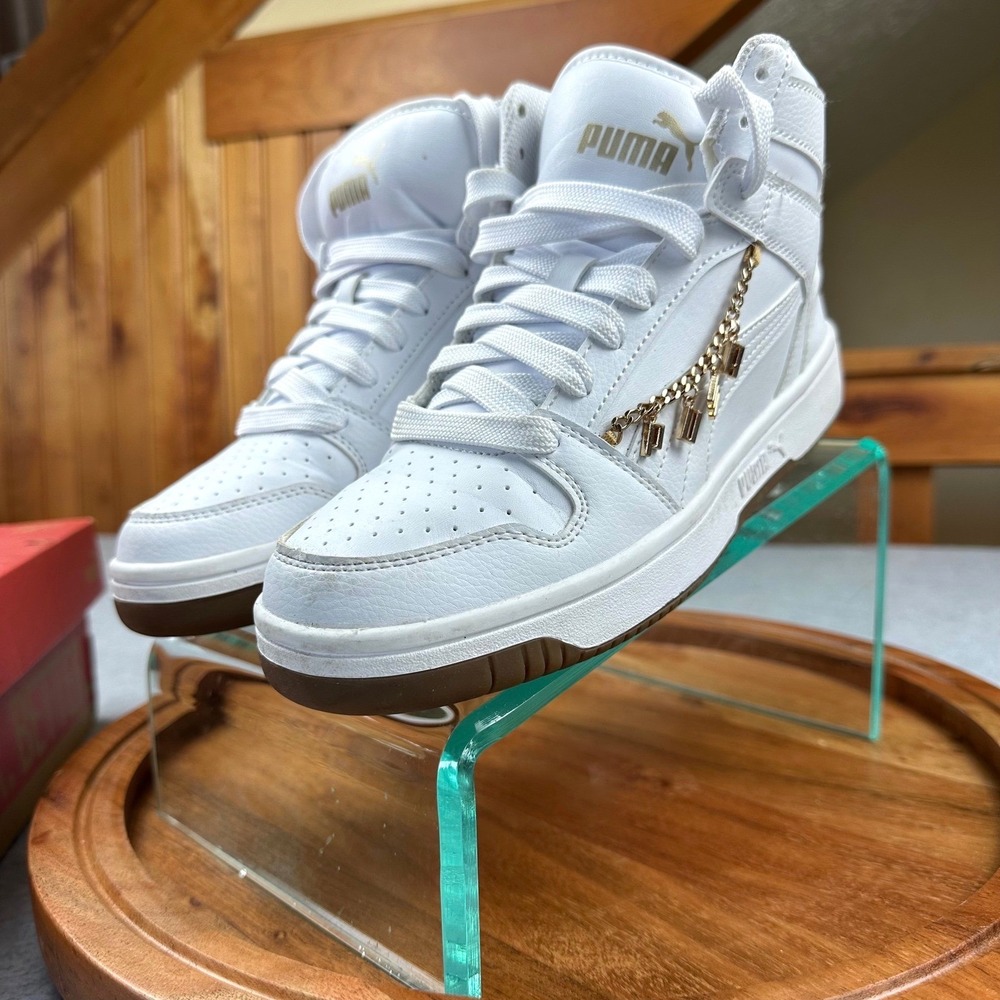 Puma Carina Street Butterfly Jr White Gold Chain Charm High Sneakers Jr6 W7.5